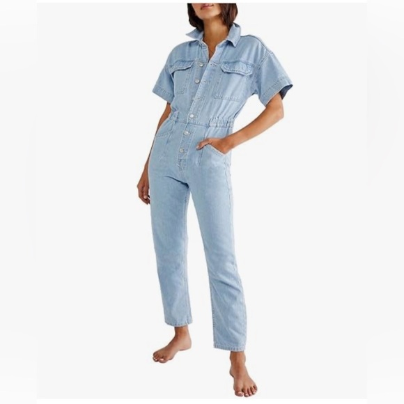 NWOT Free People Merci Light Blue Denim Jumpsuit - Picture 1 of 5